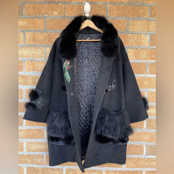 Kobi Halperin X Erte Anisa Fox and Rabbit Fur Combo Coat w/ Crystal Brooches L - Picture 3 of 16